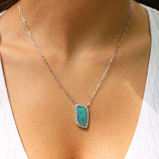 Blue Opal with Diamond Halo Necklace