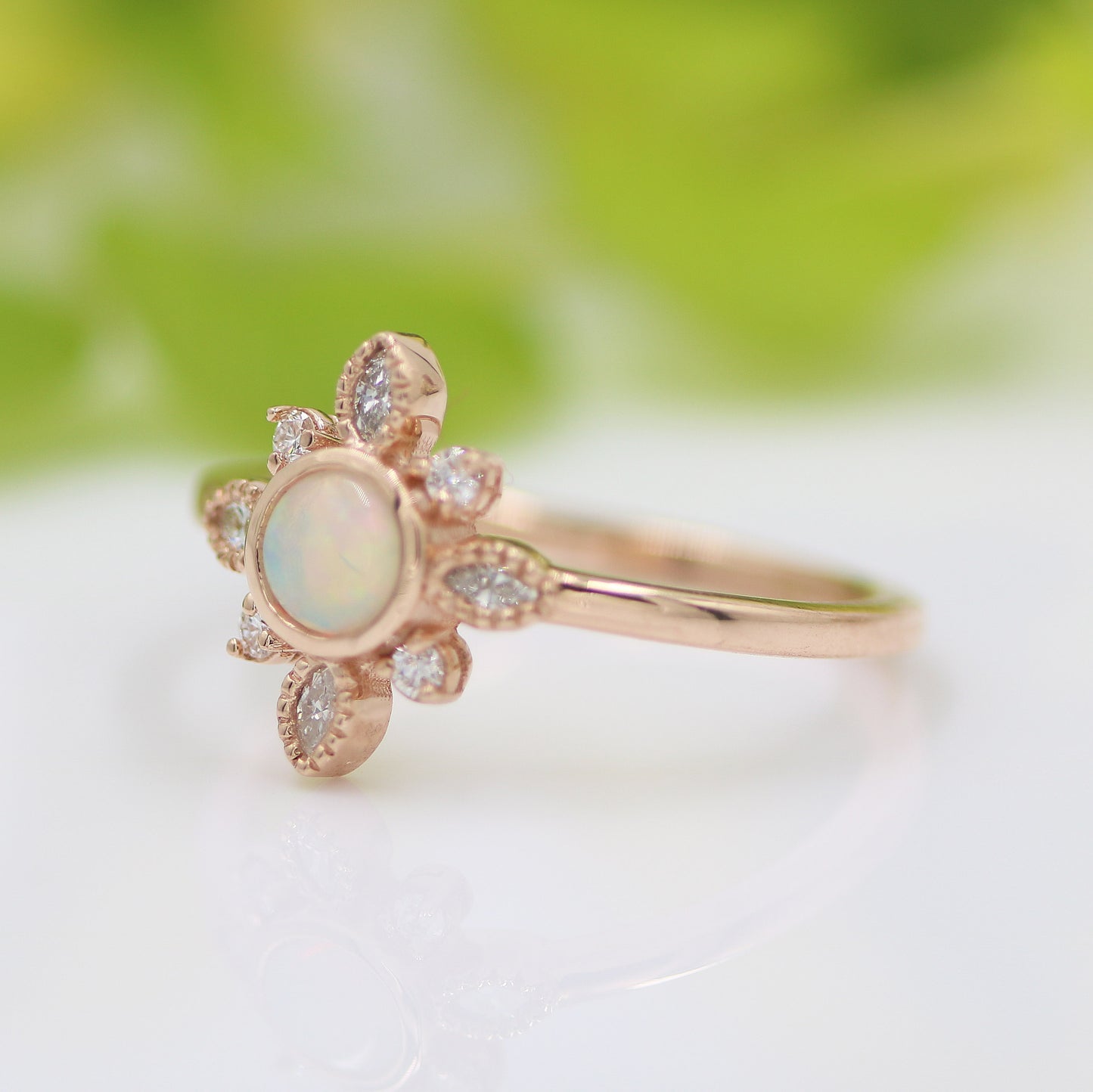 Opal & Diamond Flower Ring